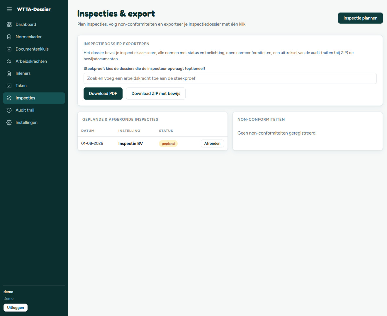 Inspecties en export: inspectiedossier downloaden als PDF of ZIP